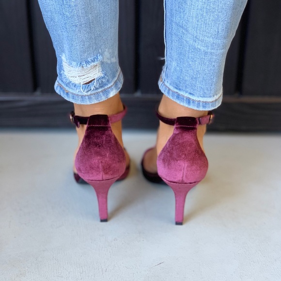 Burgundy Red Velvet Kitten Heel Dressy Sandals - Picture 4 of 7
